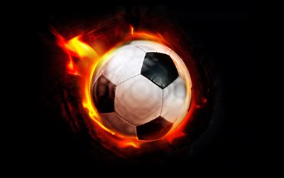 la pelota de fútbol, el fuego, el fútbol, el fondo negro
