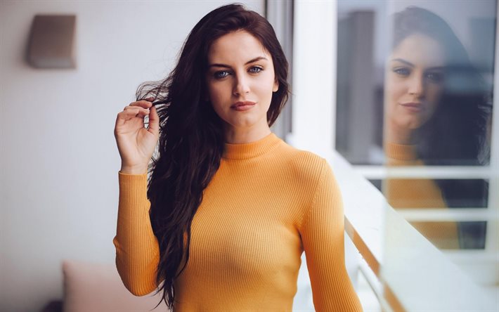 Aurela Skandaj, brunette, model, beautiful girl, portrait, orange sweater