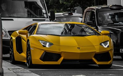 de la route, supercars, 2015, Lamborghini, Aventador, LP700-4, bw, jaune Lamborghini
