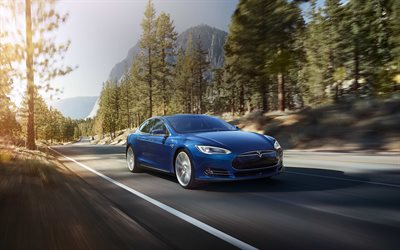 movimiento, sedanes, 2016, Tesla Model S, los coches eléctricos, carreteras, azul Tesla