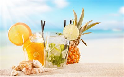 des cocktails, de la plage, des cocktails tropicaux, des cocktails de fruits