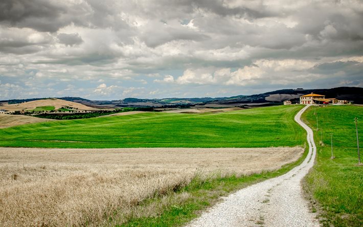 road, summer, farm, clouds, Tuscany, Italy