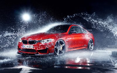 supercars, 2016, BMW M4 Coupe, water splashes, Racing Aerodynamics, tuning, 4k, red bmw