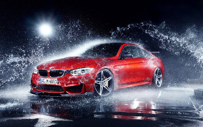 supercars, 2016, la BMW M4 Coupé, aux projections d'eau, de Course Aérodynamique, tuning, 4k, bmw rouge