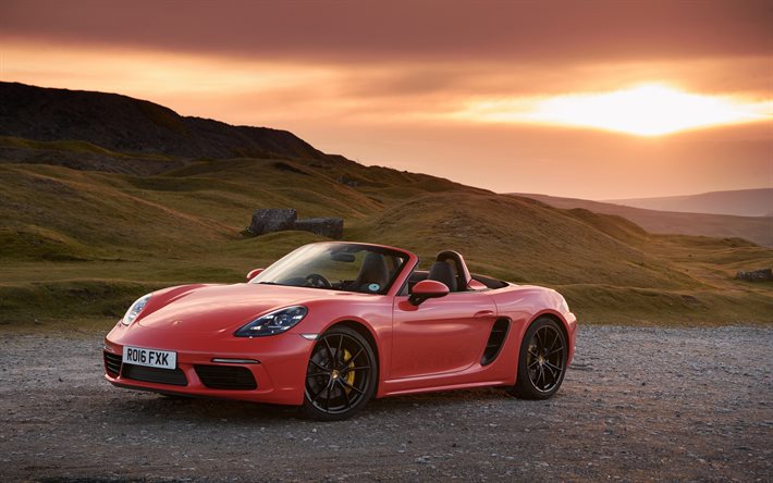 sunset, supercars, Porsche Boxster Spyder, mountain, rodster, red Boxster