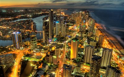 Costa de oro, Queensland, noche, rascacielos, Australia