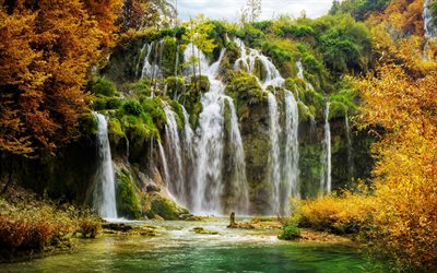 cascada, otoño, bosque, agua, lago, Croacia, el Parque Nacional de Plitvice