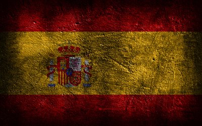 4k, 스페인 국기, 돌 질감, 스페인의 국기, 돌 배경, 그런지 아트, 스페인 국가 상징, 스페인