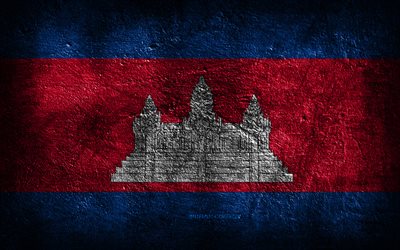4k, kambodjas flagga, stenstruktur, stenbakgrund, grungekonst, kambodjas nationella symboler, kambodja