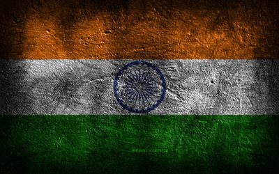 4k, indiens flagga, stenstruktur, stenbakgrund, indiska flaggan, grungekonst, indiska nationella symboler, indien