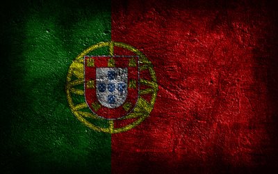 4k, bandera de portugal, textura de piedra, fondo de piedra, bandera portuguesa, arte grunge, símbolos nacionales portugueses, portugal