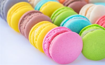 4k, macarons, cookies colorés, dessert, macaron rose, macaron vert, macaron bleu, cuisson, biscuits, biscuits français