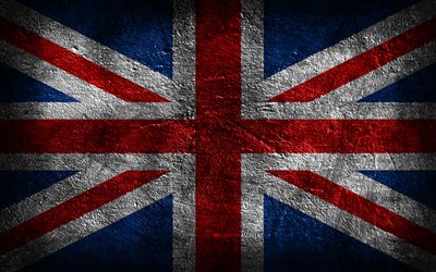 4k, storbritanniens flagga, stenstruktur, stenbakgrund, grungekonst, storbritanniens nationella symboler, storbritannien