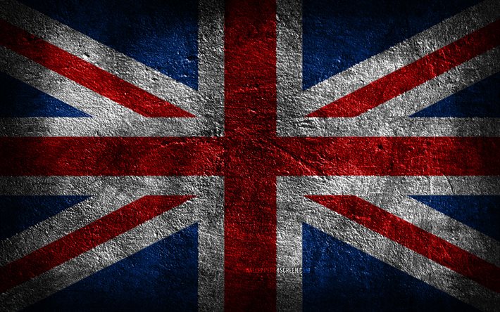 4k, storbritanniens flagga, stenstruktur, stenbakgrund, grungekonst, storbritanniens nationella symboler, storbritannien