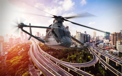airbus racer, gün batımı, çok amaçlı helikopterler, 4k, sivil havacılık, beyaz helikopter, havacılık, şehir manzaraları, uçan helikopterler, airbus, helikopterli resimler, airbus helikopterleri