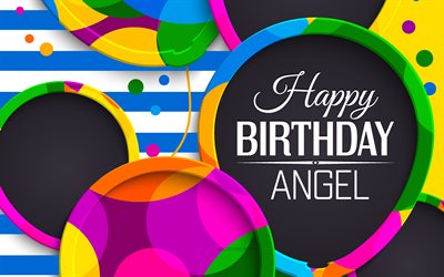 Angel Happy Birthday, 4k, abstract 3D art, Angel name, blue lines, Angel Birthday, 3D balloons, popular american female names, Happy Birthday Angel, picture with Angel name, Angel
