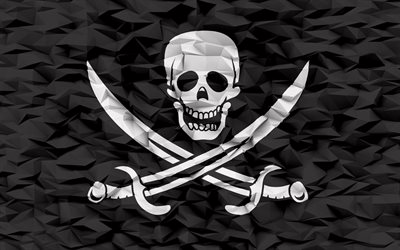 海賊の旗, 4k, 3dポリゴンの背景, 海賊旗, 3dポリゴンテクスチャ, 3d海賊旗, 3dアート, パイレーツ