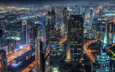 dubai, rascacielos, noche, luces, panorama de dubai, emiratos árabes unidos, paisaje urbano de dubai, dubai de noche