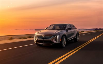 2023, Cadillac Lyriq, 4k, front view, exterior, evening, sunset, electric crossover, new gray Lyriq, electric cars, american cars, Cadillac