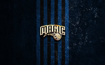 Orlando Magic golden logo, 4k, blue stone background, NBA, american basketball team, Orlando Magic logo, basketball, Orlando Magic