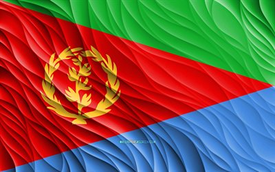 4k, علم إريتريا, أعلام 3d متموجة, الدول الافريقية, يوم إريتريا, موجات ثلاثية الأبعاد, رموز إريتريا الوطنية, إريتريا