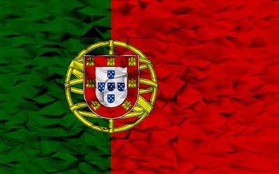 bandera de portugal, 4k, fondo de polígono 3d, textura de polígono 3d, bandera portuguesa, bandera de portugal 3d, símbolos nacionales portugueses, arte 3d, portugal