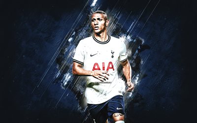 Richarlison, Tottenham Hotspur, brazilian soccer player, blue stone background, football, Premier League, England, Richarlison Tottenham