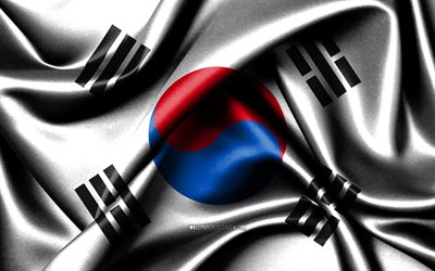 etelä-korean lippu, 4k, aasian maat, kangasliput, etelä-korean päivä, aaltoilevat silkkiliput, aasia, etelä-korean kansalliset symbolit, etelä-korea