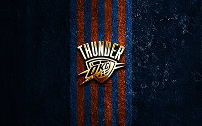 logo dorato di oklahoma city thunder, 4k, sfondo di pietra blu, nba, squadra di basket americana, logo di oklahoma city thunder, okc, basket, oklahoma city thunder