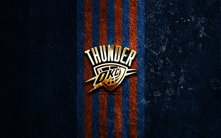 logo dorato di oklahoma city thunder, 4k, sfondo di pietra blu, nba, squadra di basket americana, logo di oklahoma city thunder, okc, basket, oklahoma city thunder