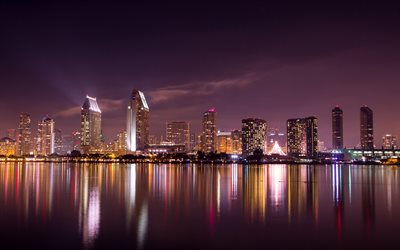 San Diego, états-unis, les bâtiments, l'Amérique, la nuit, en Californie, des lumières, des gratte-ciel, panorama