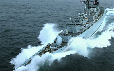hms chatham, f87, frégate britannique, royal navy, frégate type 22, navires de guerre britanniques, frégate en mer, tempête