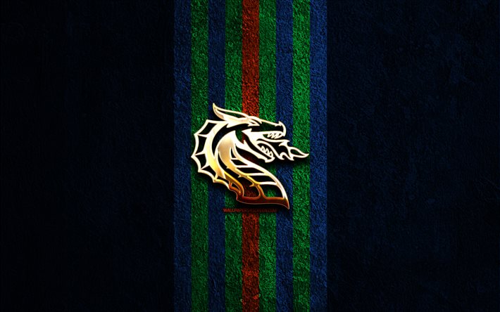 seattle dragons kultainen logo, 4k, sininen kivi tausta, xls, amerikkalainen jalkapallojoukkue, seattle dragons logo, amerikkalainen jalkapallo, seattle dragons