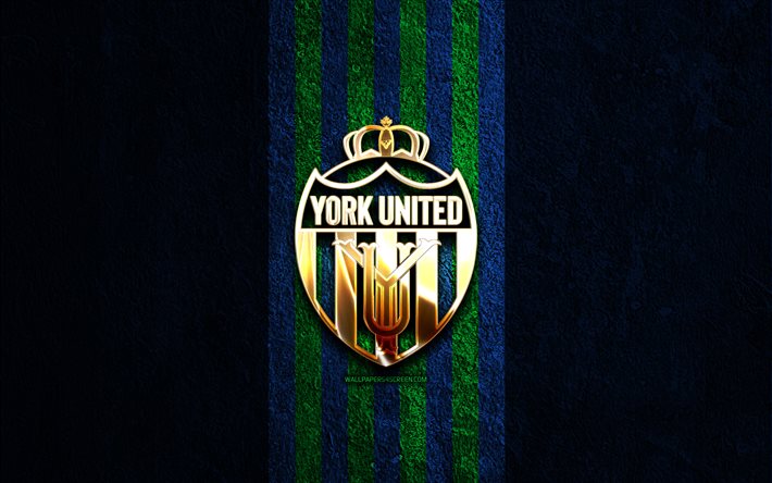 york united logo doré, 4k, fond de pierre bleue, premier league canadienne, club canadien de soccer, york united logo, football, york united, york united fc
