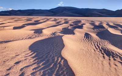 désert, soir, coucher de soleil, dunes de sable, vagues sur le sable, paysage de montagne, afrique