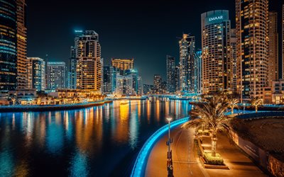 4k, 두바이 마리나, 야경, 둑, 현대 건물, 두바이, uae, 밤의 두바이, 아랍 에미리트, 두바이 도시 풍경