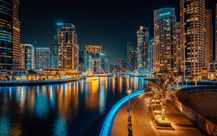 4k, مرسى دبي, مشاهد ليلية, الجسر, مباني حديثة, دبي, الإمارات العربية المتحدة, دبي في الليل, دبي سيتي سكيب