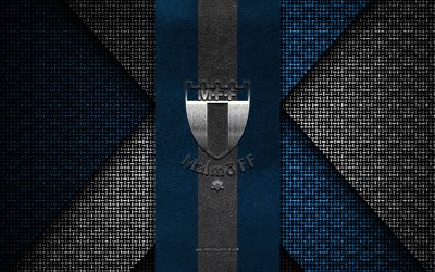 malmo ff, allsvenskan, textura tejida azul blanca, logotipo de malmo ff, club de fútbol sueco, emblema de malmo ff, fútbol, malmo, suecia