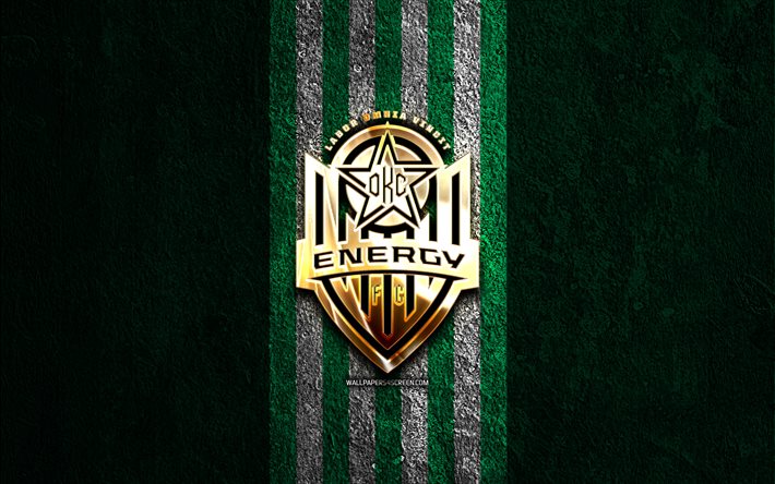 oklahoma city energy kultainen logo, 4k, vihreä kivi tausta, usl, amerikkalainen jalkapalloseura, oklahoma city energy logo, jalkapallo, oklahoma city energy, oklahoma city energy fc