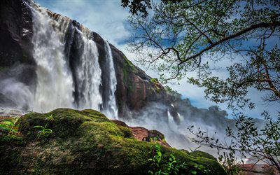 athirappilly falls, 4k, vattenfall, klippor, vacker natur, chalakudy river, indiska landmärken, asien, indien