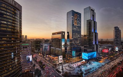 4k, ソウル, 夜, 日没, トレードタワー, 超高層ビル, 近代的な建物, ビジネスセンター, 江南, ソウルの街並み, 韓国