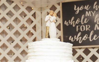 pastel de bodas, 4k, crema blanca, estatuilla de la novia y el novio, conceptos de boda, pasteles, novia, novio, boda