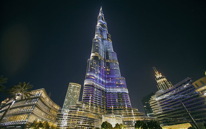 برج خليفة, دبي, ليل, برج دبي, أطول مبنى في العالم, ناطحات سحاب, العمارة الحديثة, دبي سيتي سكيب, الإمارات العربية المتحدة