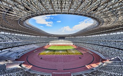 japonya ulusal stadyumu, 4k, iç görünüm, futbol sahası, tribünler, japonya milli futbol takımı, yeni ulusal stadyum, olimpiyat stadyumu, tokyo, japonya