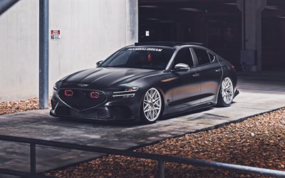 genesis g70, 4k, low rider, 2022 coches, tuning, coches personalizados, negro genesis g70, coches coreanos, génesis