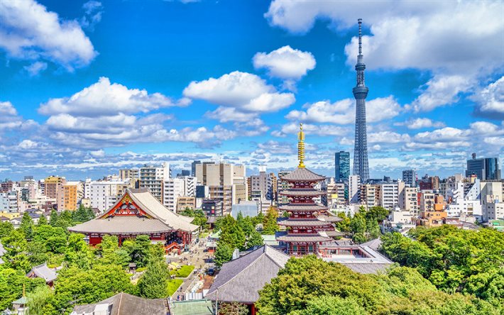 tokyo, 4k, estate, tokyo skytree, torre della tv, senso-ji, tempio buddista, paesaggio urbano di tokyo, asakusa, giappone