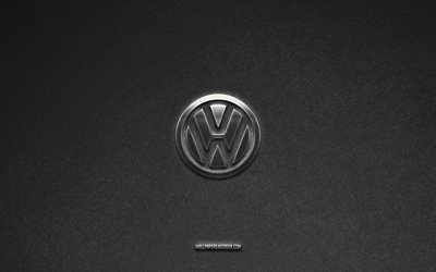 logo volkswagen, sfondo in pietra grigia, emblema volkswagen, loghi auto, volkswagen, marchi automobilistici, logo volkswagen in metallo, struttura in pietra