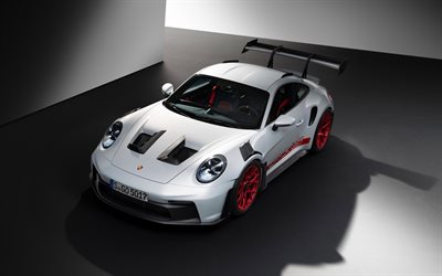 2023, पोर्श 911 gt3 rs, 4k, शीर्ष दृश्य, बाहरी, दौड़ मे भाग लेने वाली कार, सफेद 911 gt3 rs, जर्मन स्पोर्ट्स कार, पोर्श