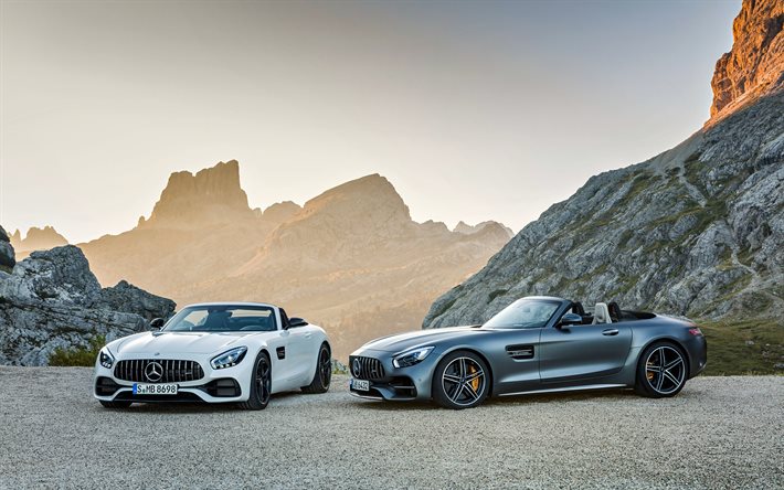Mercedes-AMG GT C, Roadster, 2018, beyaz Mercedes, gri Mercedes, spor araba, üstü açık Mercedes