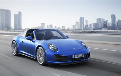 2016, ポルシェ, 911, targa, 都市, 991型, の市, 速度, 青色の車